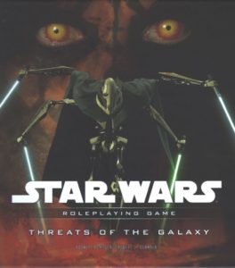 The four-armed robot General Grievous wields an equal number of lightsabers while Darth Maul looks on from the background.