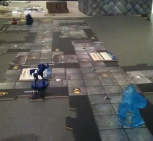 A blue elemental makes its way through an ad hoc dungeon.