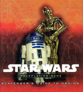 The iconic Star Wars droids R2D2 (a cylindrical blue-and-white droid) and C-3P0 (a golden humanoid droid) stand against a red-orange background.