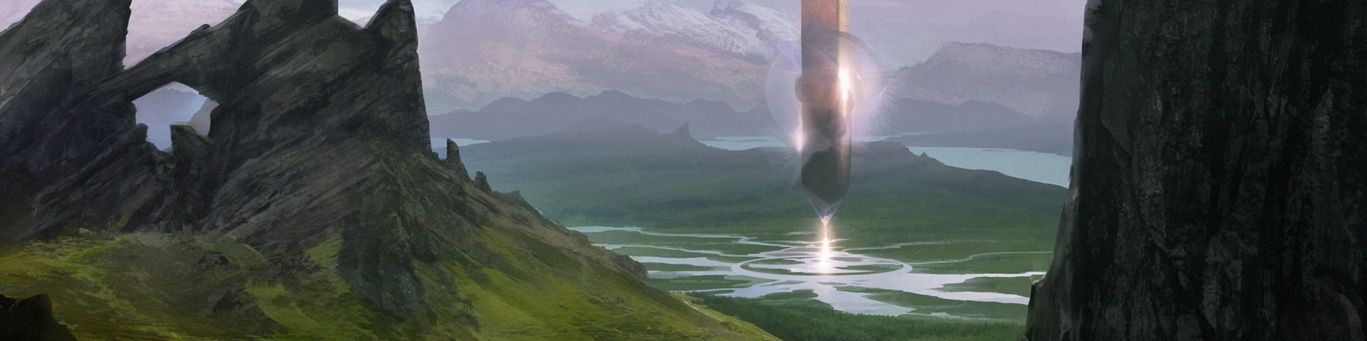 A crystal-like monolith hovers over a river valley.