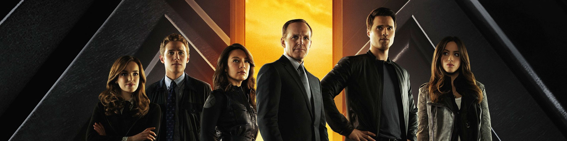 The 6 cast members of Season 1 stand in front the S.H.I.E.L.D. logo. The logo is split by a bright yellow/orange flame.