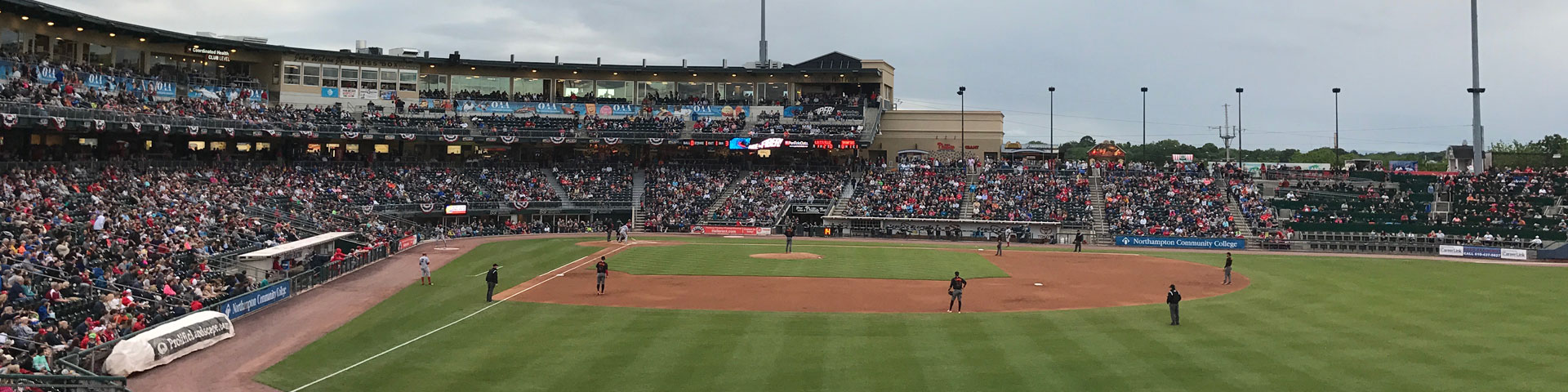 A view of a baseball game from right field.