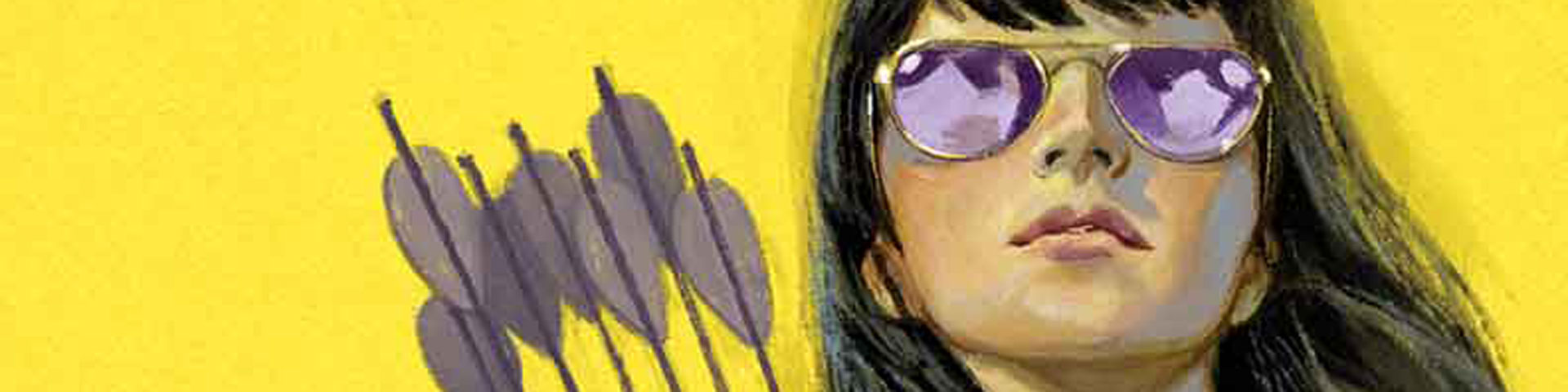 A close-up of Kate Bishop, the other Hawkeye. She's wearing purple sunglasses and the fins of her signature arrows appear to her left.