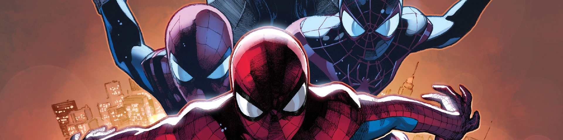 A close up shot of several different Spider-men.