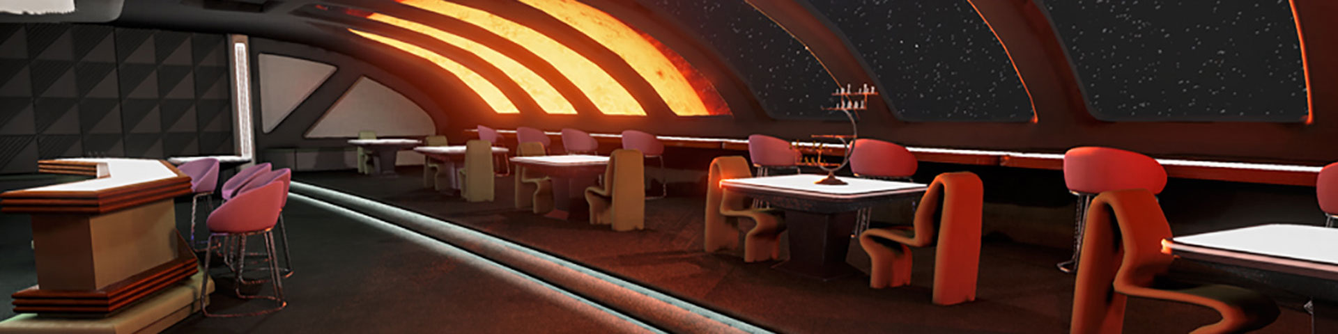 A lounge in space. A bar can be seen to the left; tables with seats look out on space on the right