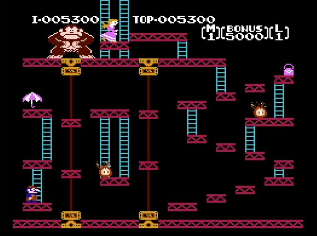 A complex of girders and ladders representing the 2nd level of Donkey Kong.