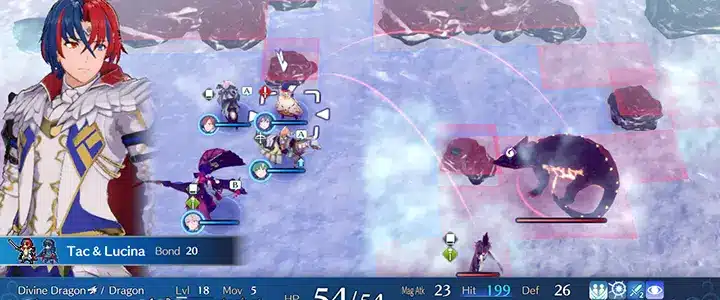 A view of the hero of Fire Emblem Engage, with a snow-covered battlefield in the background.