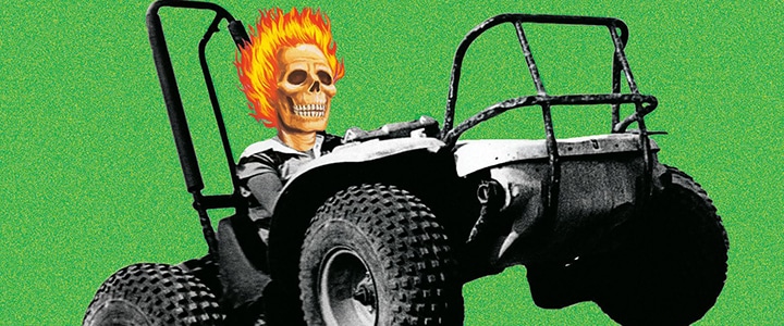 A flame-skulled skeleton drives a four wheel buggy, one of the attractions at Action Park