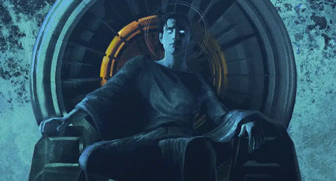 A human male sits on a throne, with a stylized circular pattern behind him. Taken from the cover art for Dune Messiah