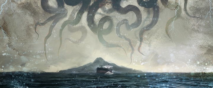 Tendrils descend from the sky to threaten an island and dark ocean.